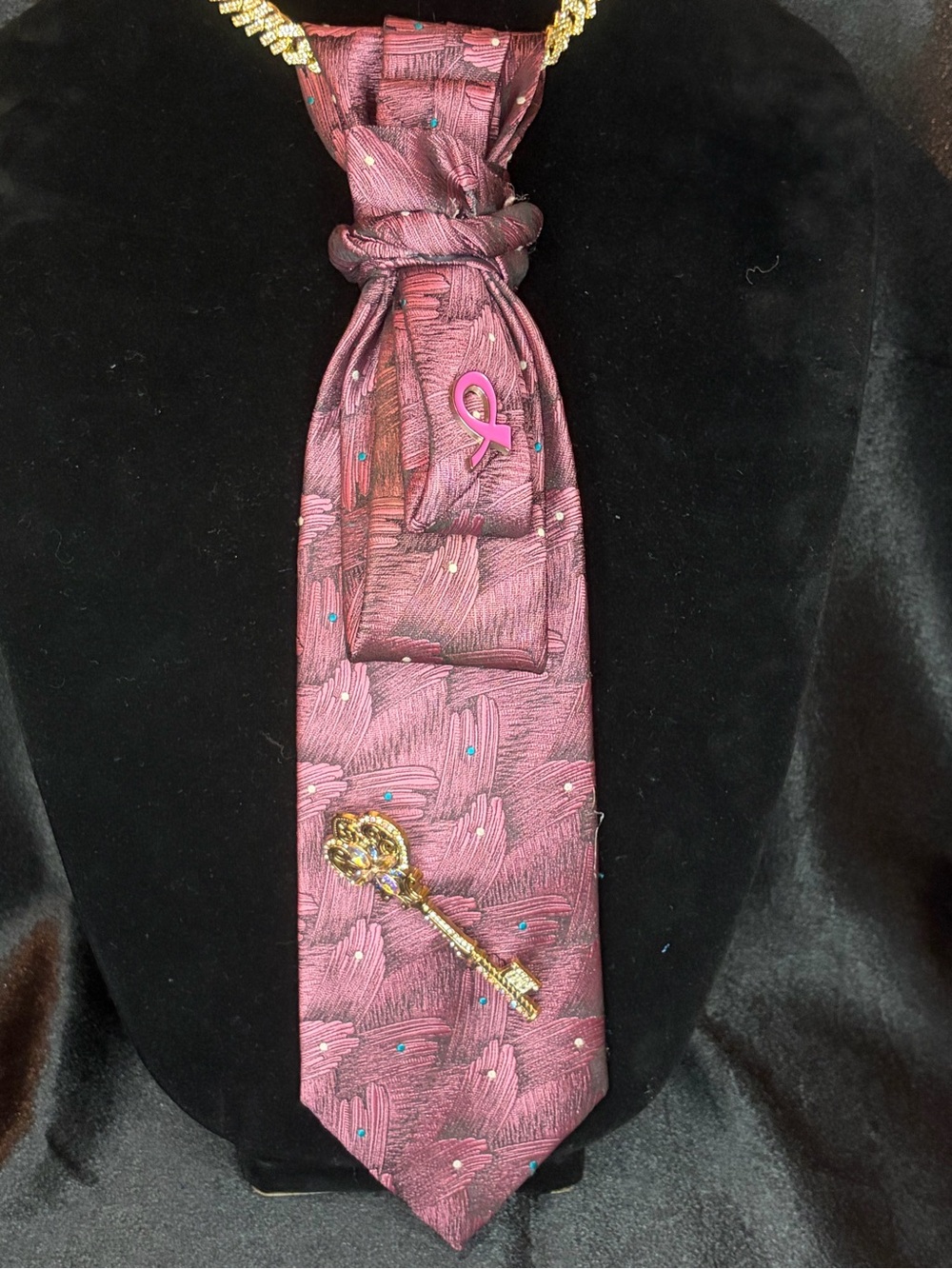 Women’s Burgundy Patterned Tie with Pink Ribbon Accent